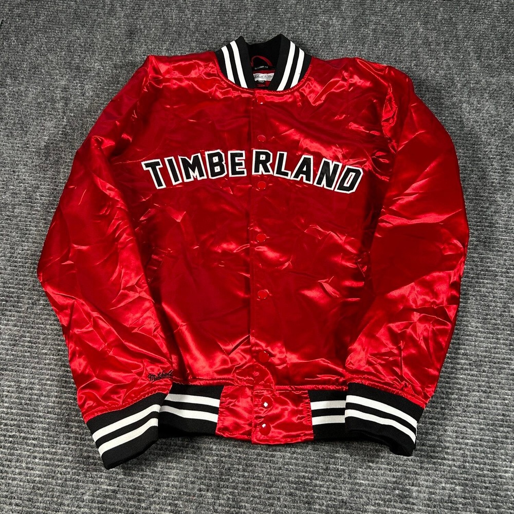 Mitchell & Ness Timberland Varsity Jacket Mens S Red Excellent Satin Bomber